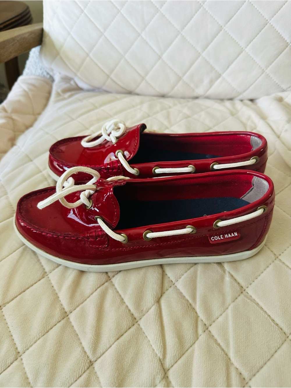 Cole Haan Red Patent Leather Driving Moccasins with White Laces